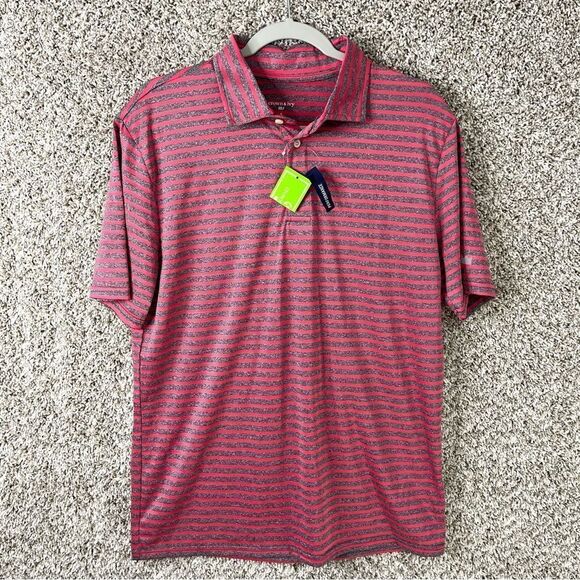 Crown & Ivy Polo Men’s Small Golf Pink/Grey Striped Short Sleeve Performance NWT - Picture 1 of 5